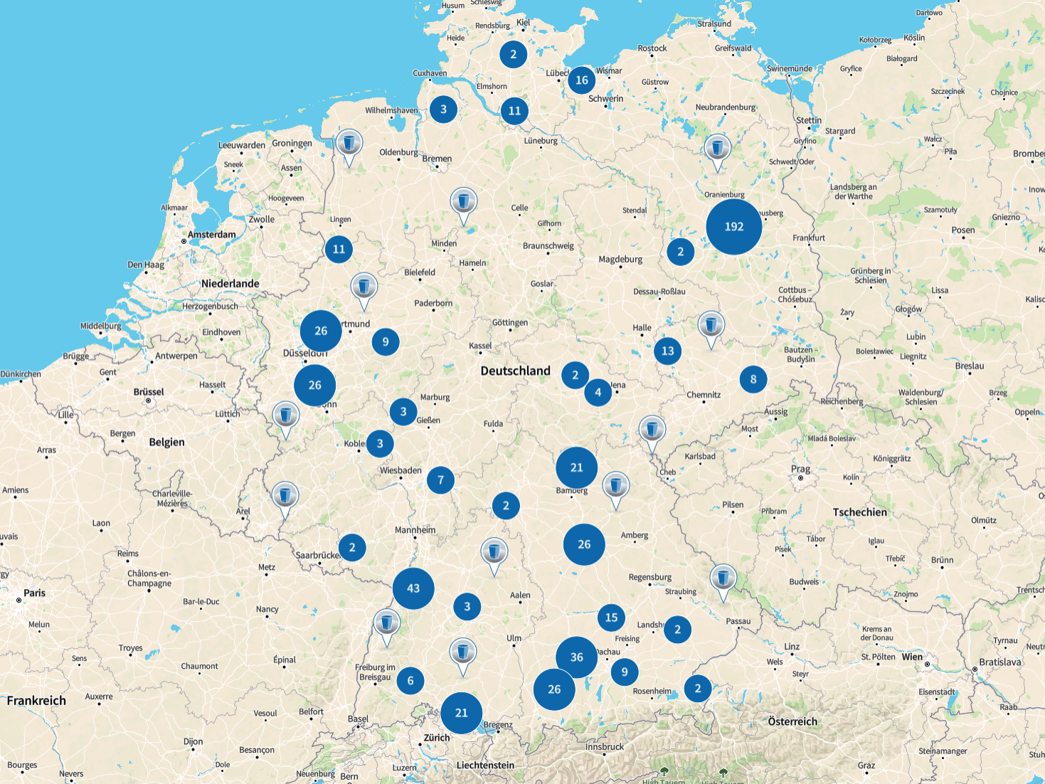 Deutschlandkarte mit allen Trinkbrunnen