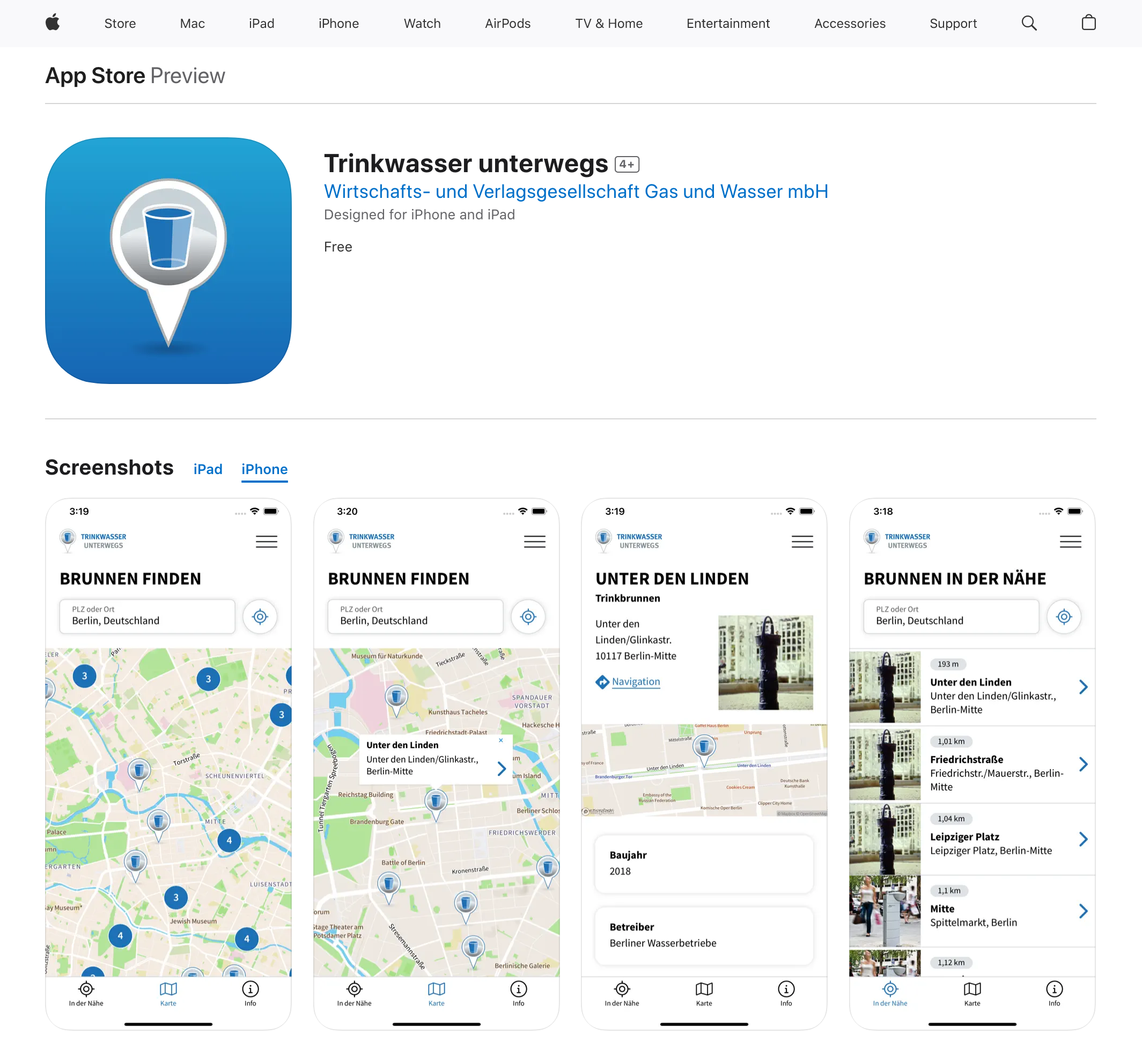 Screenshot der Trinkwasser-unterwegs-iOS-App im Google Play Store.