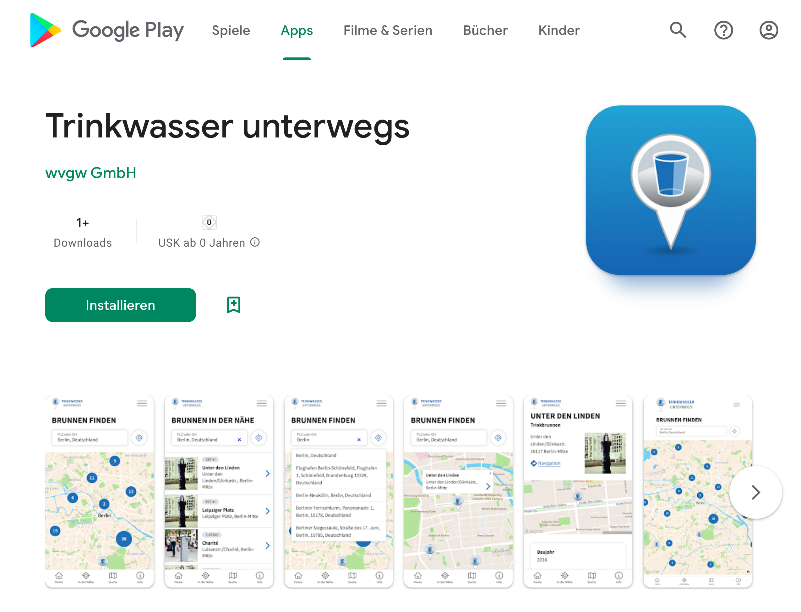 Screenshot der Trinkwasser-unterwegs-Android-App im Google Play Store.