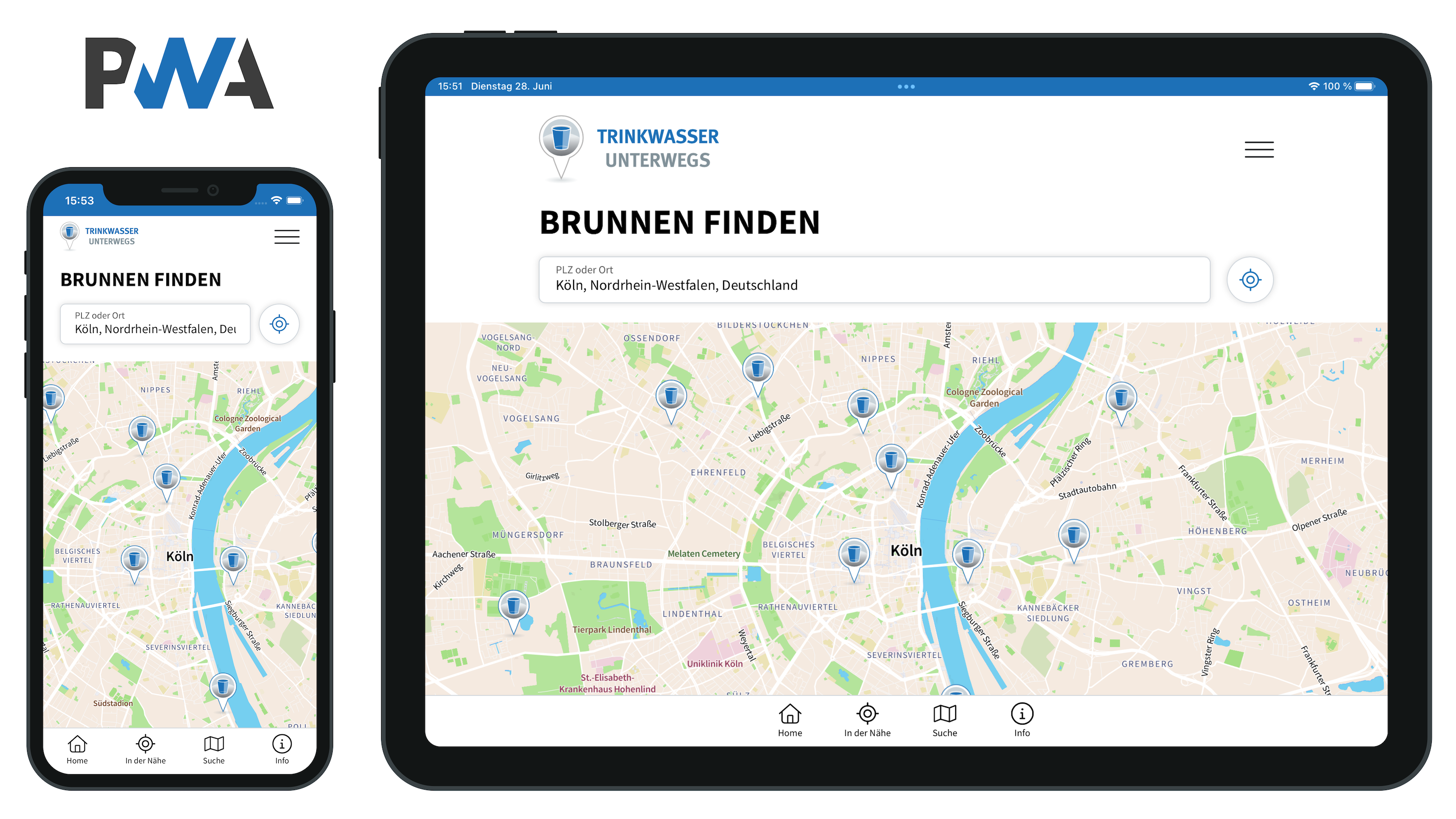 Screenshots der "Trinkwasser unterwegs"-Anwendung, auf iPhone und iPad